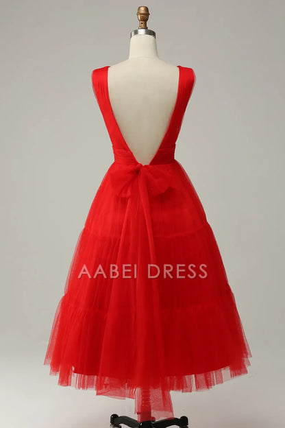 AABEI DRESS Hot Sale Prom Dress Elegant V-Neck Pleated Tulle Tea-Length Backless Formal Dress