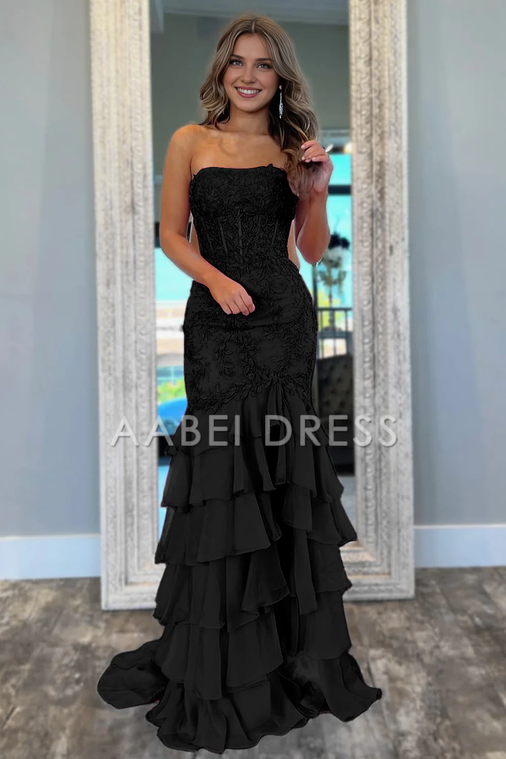 AABEI DRESS Prom Dress Charming Mermaid Strapless Lace Top Long Tiered Side Fork Exquisite Formal Dress