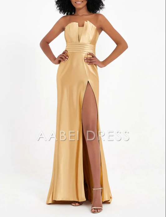 AABEI DRESS Elegant Sheath Strapless Pleated High Slit Long Satin Side Fork Charming Evening Dress