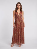Rust Glitter Pleated Fabric A-Line Plunging V-Neck Floor Length Dress