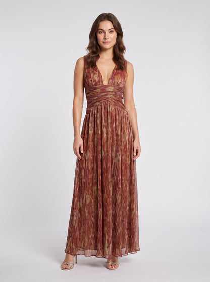 Rust Glitter Pleated Fabric A-Line Plunging V-Neck Floor Length Dress