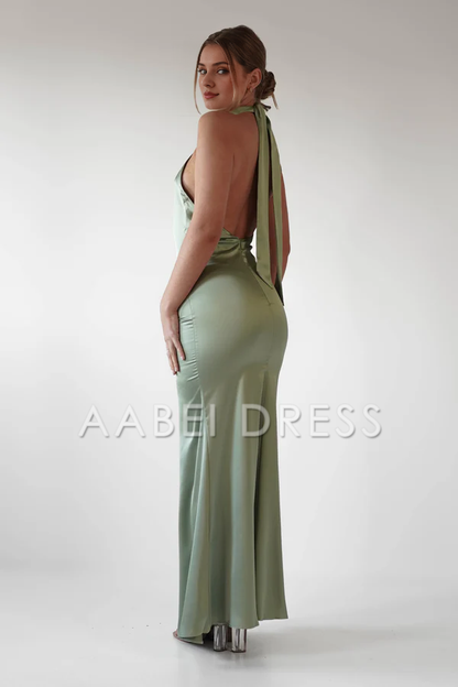 AABEI DRESS Prom Dress Mermaid Sheath satin Glamorous Halter Neck Open Back Elegant Dress