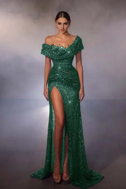 Sparkle Sequin Formal Women's Dresses Glamorous Mermaid Off-The-Shoulder Sleeveless Pleated With High Slit Floor Length Affordable Prom Dress
