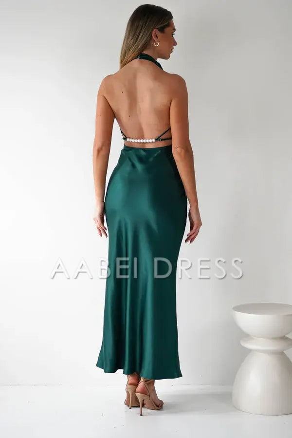 AABEI DRESS Prom Dress Sheath Halter Neck Stunning Pearl Open-Back Adjustable Back Strap Gorgeous Dress