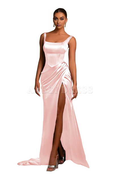 Prom Dress Mermaid Satin Ball Gown Square Neck Pleated High Side Fork Wedding Guest Formal Wear Dresses