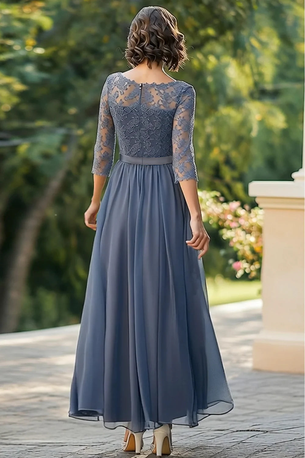 Wedding Guest Dress Gray Blue A-Line Boat Collar 3/4 Sleeves Lace Top Chiffon Ruched Hem Retro Long Mother of the Bride Dress