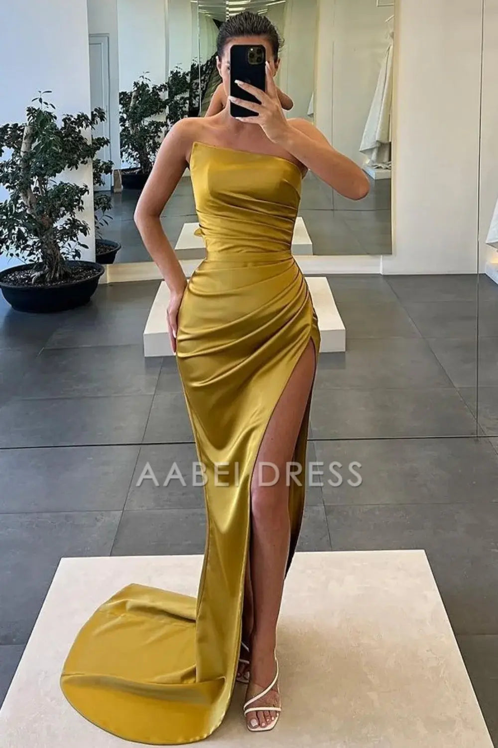 AABEI DRESS Hot Sale Prom Dress Stylish Mermaid Strapless Long Pleated Satin with Slit Charming Formal Dress