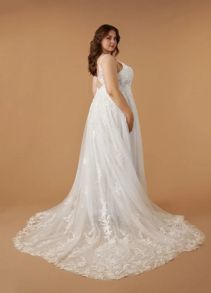 Sparkle Sequin Tulle A Line Spaghetti Strap Deep V Neck Sleeveless Lace Applique Backless Romantic Plus Size Hot Sale Wedding Dress