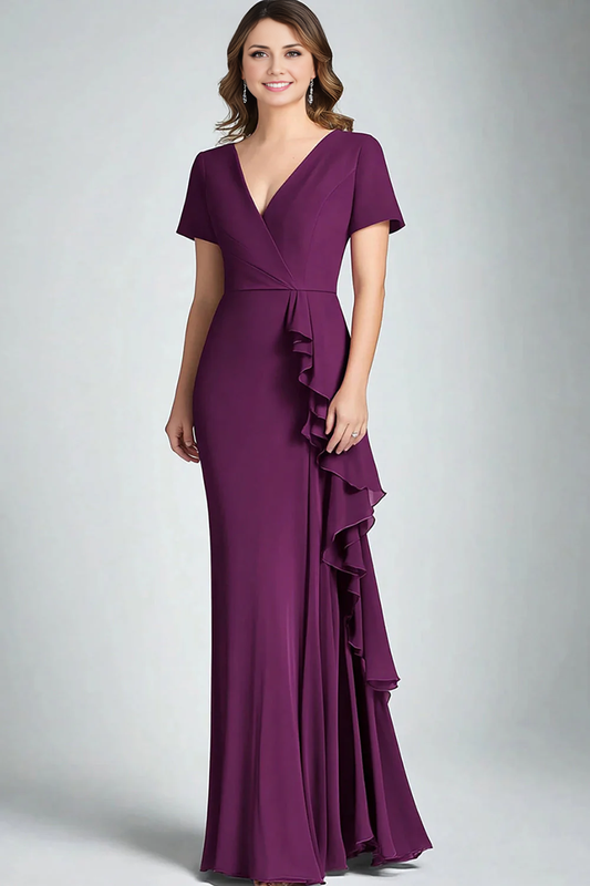 AABEI DRESS Mother Of The Bride Dress Mermaid V Neck Short Sleeves Ruffles Elegant Chiffon Long Formal Wear Dresse