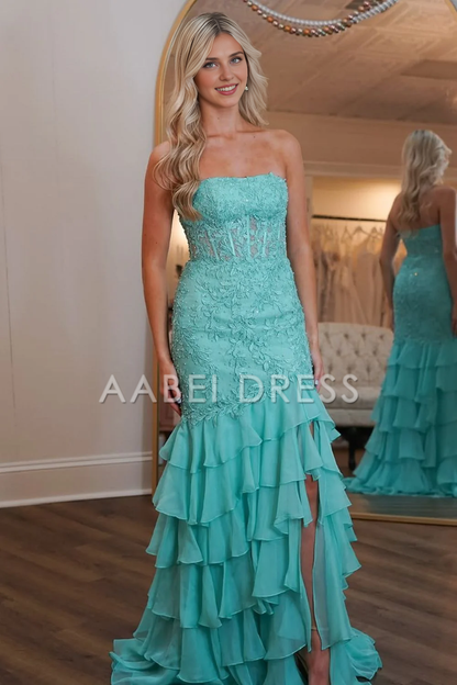 AABEI DRESS Prom Dress Charming Mermaid Strapless Lace Top Long Tiered Side Fork Exquisite Formal Dress