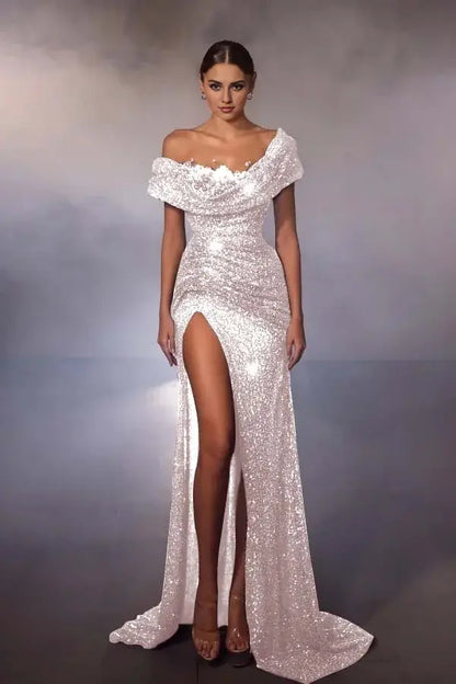 Sparkle Sequin Formal Women's Dresses Glamorous Mermaid Off-The-Shoulder Sleeveless Pleated With High Slit Floor Length Affordable Prom Dress