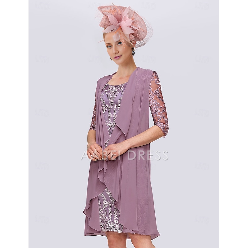 AABEI DRESS Wedding Guest Dress Two Piece Sheath Jewel Neck Half Sleeve Knee Length Jacket Dresses Lace Elegant Mother of the Bride Dress