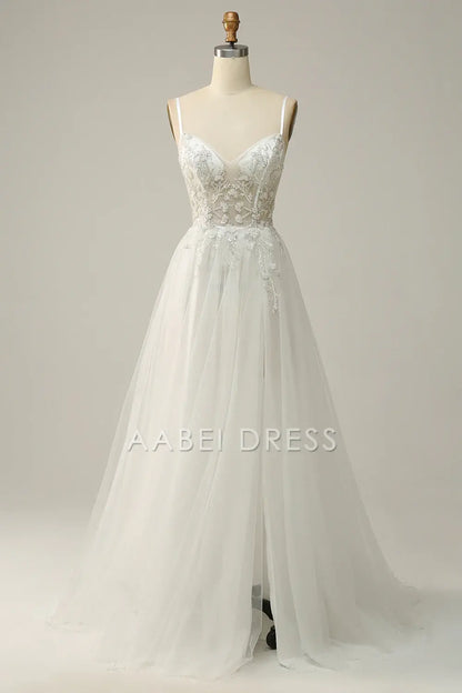 AABEI DRESS Hot Sale Prom Dress Elegant A Line Spaghetti Straps Tulle Applique Side Fork Fantastic Long Party Dress