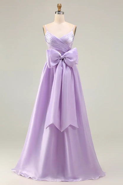 Elegant Prom Dress Lilac A-Line Spaghetti Strap Deep V Neck Sleeveless Pleated with Bow Backless Bargain Long Wedding Guest Dress