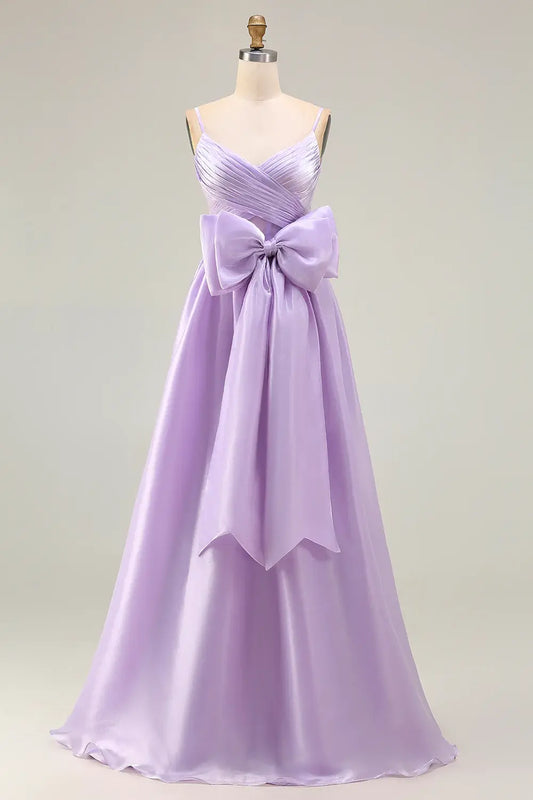Elegant Prom Dress Lilac A-Line Spaghetti Strap Deep V Neck Sleeveless Pleated with Bow Backless Bargain Long Wedding Guest Dress