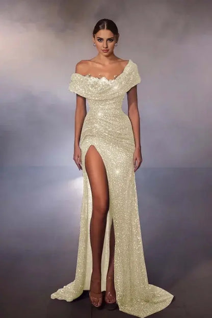 Sparkle Sequin Formal Women's Dresses Glamorous Mermaid Off-The-Shoulder Sleeveless Pleated With High Slit Floor Length Affordable Prom Dress