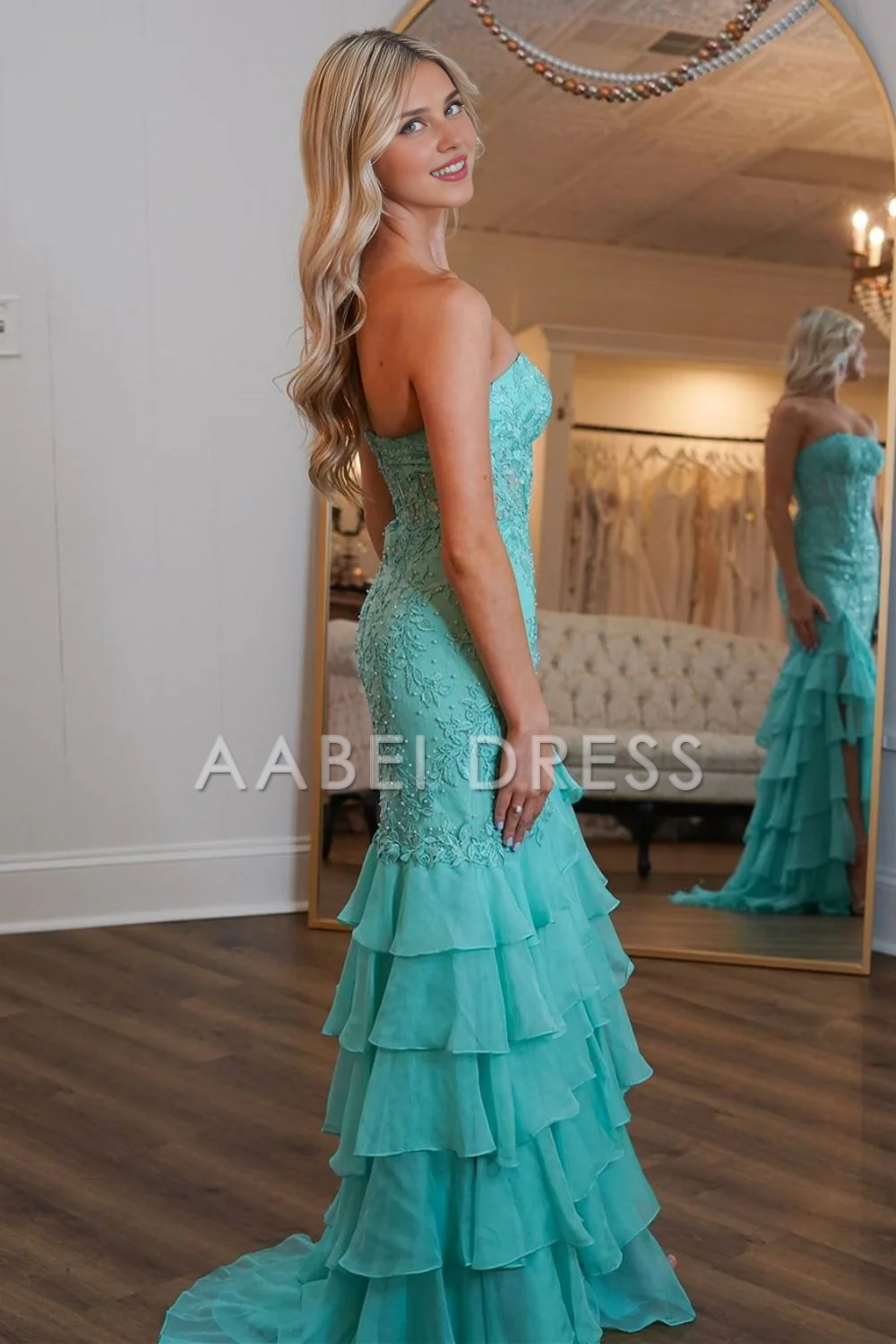 AABEI DRESS Prom Dress Charming Mermaid Strapless Lace Top Long Tiered Side Fork Exquisite Formal Dress