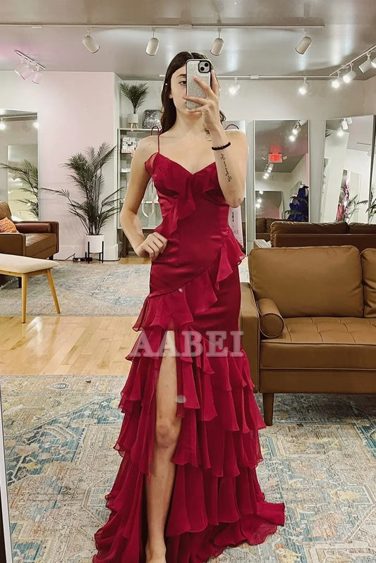 Evening Dress Sweetheart Tie Shoulder Mermaid Ruffle Tiered Long Prom Dress Side Fork Sweep Train Charming Formal Women's Dresses