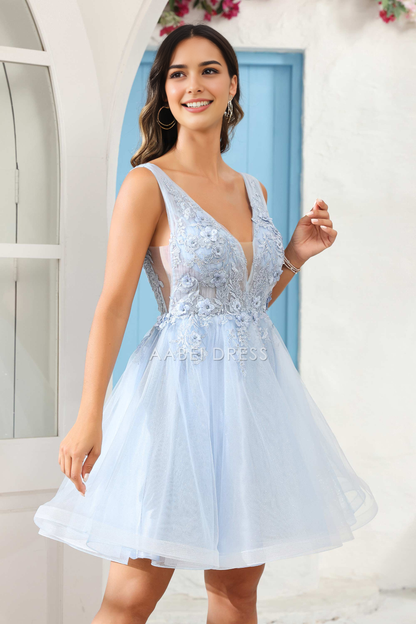 AABEI DRESS Short Dress Elegant A Line Deep V Neck Sleeveless 3D Floral Applique Beaded Fashion New Homecoming Dress