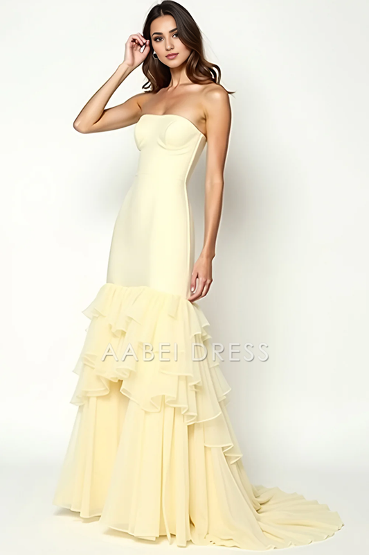 AABEI DRESS Hot Sale Prom Dress Elegant Sheath Strapless Square Neck Tiers Ruffles Fashion Long Formal Dress