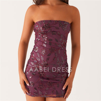 AABEI DRESS New Homecoming Dress Sequin Strapless Mini Dress Sparkly Backless Tube Dress Floral Bodycon Party Club Dresses Prom Dress