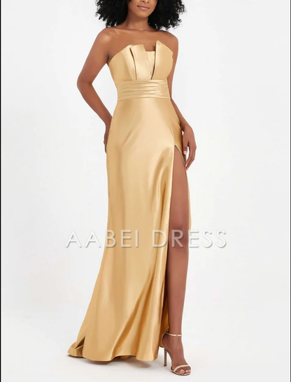 AABEI DRESS Elegant Sheath Strapless Pleated High Slit Long Satin Side Fork Charming Evening Dress