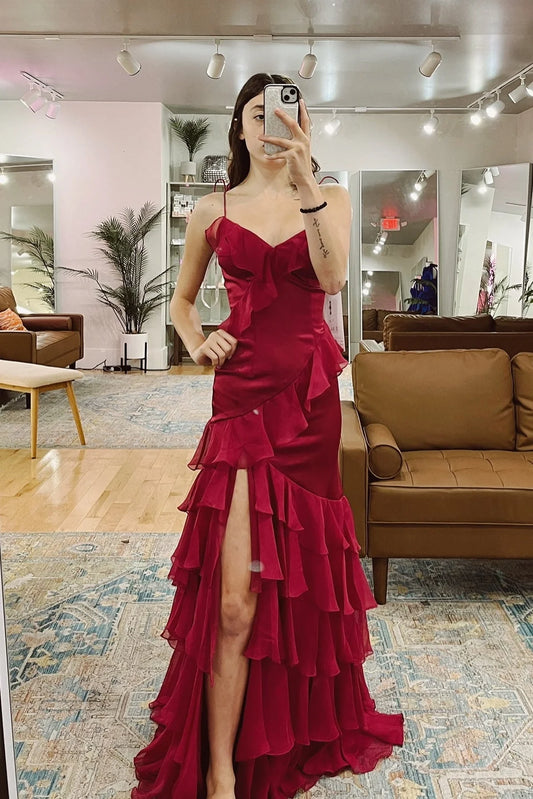 Evening Dress Sweetheart Tie Shoulder Mermaid Ruffle Tiered Long Prom Dress Side Fork Sweep Train Charming Formal Women's Dresses