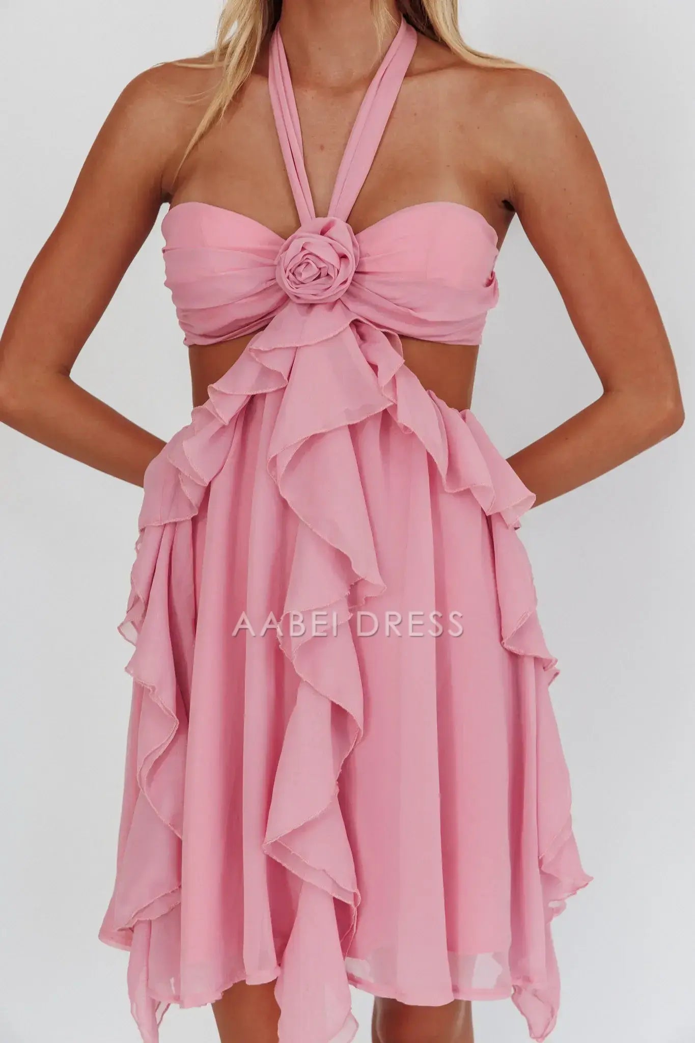 Pink A Line Hanging Neck Flower Cut-Out Ruffle Backless Sweet Cute Mini Dress Hot Sale Homecoming Dress