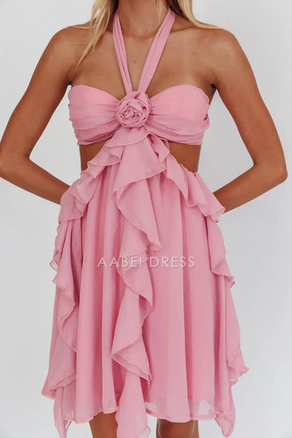Pink A Line Hanging Neck Flower Cut-Out Ruffle Backless Sweet Cute Mini Dress Hot Sale Homecoming Dress