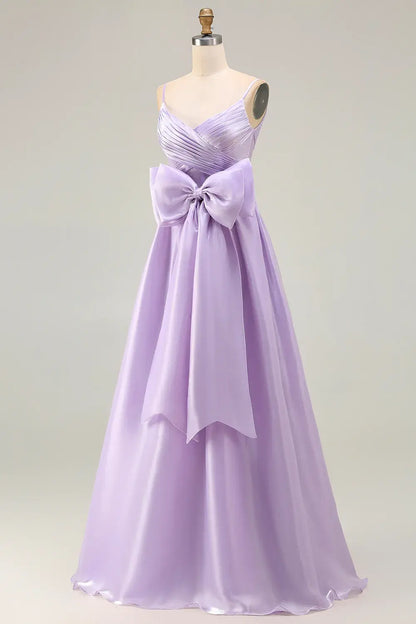 Elegant Prom Dress Lilac A-Line Spaghetti Strap Deep V Neck Sleeveless Pleated with Bow Backless Bargain Long Wedding Guest Dress