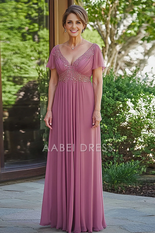 AABEI DRESS Mother Of The Bride Dress Sparkly A-Line V Neck Short Sleeve Sequined Chiffon Pleats Fashion Long Formal Wear Dresse