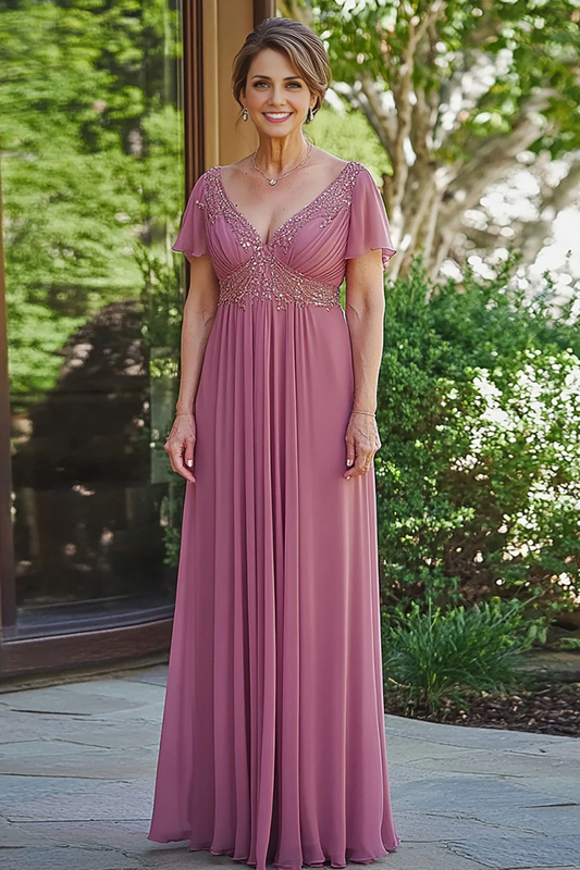 AABEI DRESS Mother Of The Bride Dress Sparkly A-Line V Neck Short Sleeve Sequined Chiffon Pleats Fashion Long Formal Wear Dresse
