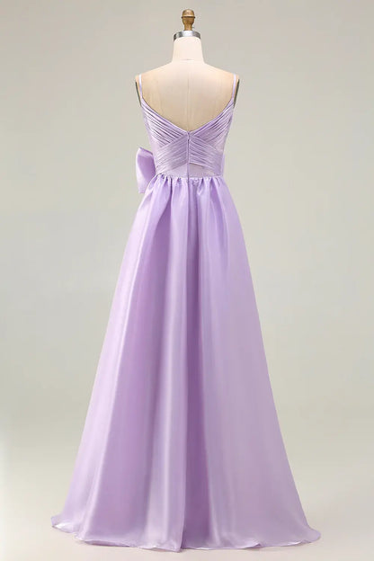 Elegant Prom Dress Lilac A-Line Spaghetti Strap Deep V Neck Sleeveless Pleated with Bow Backless Bargain Long Wedding Guest Dress