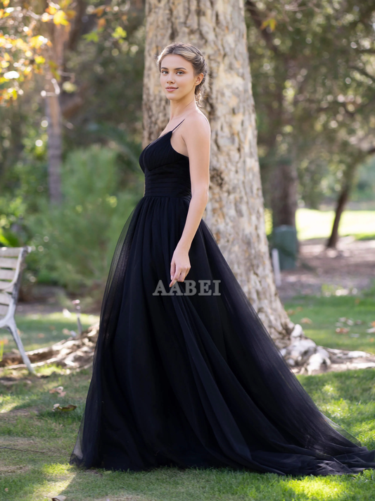 Evening Dress Spaghetti Strap Deep V-neck Tulle Sweep Train Prom Dress Romantic Formal Women's Dresses