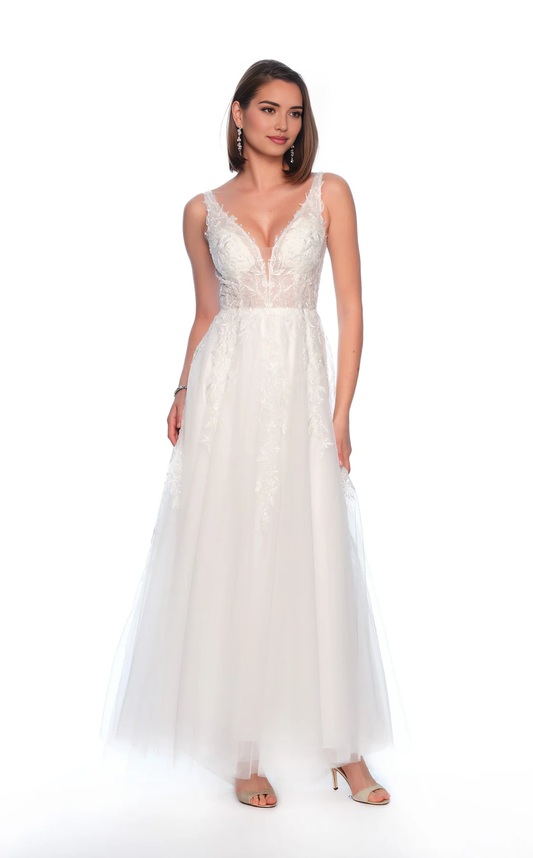 AABEI DRESS Charming A Line Deep V Neck Sleeveless Lace Applique Backless Romantic Wedding Dress