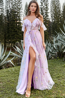 Prom Dress A-Line V-Neck Spaghetti Straps Ruched Side Fork Embroidery Lace Sweet Formal Wear Dresses
