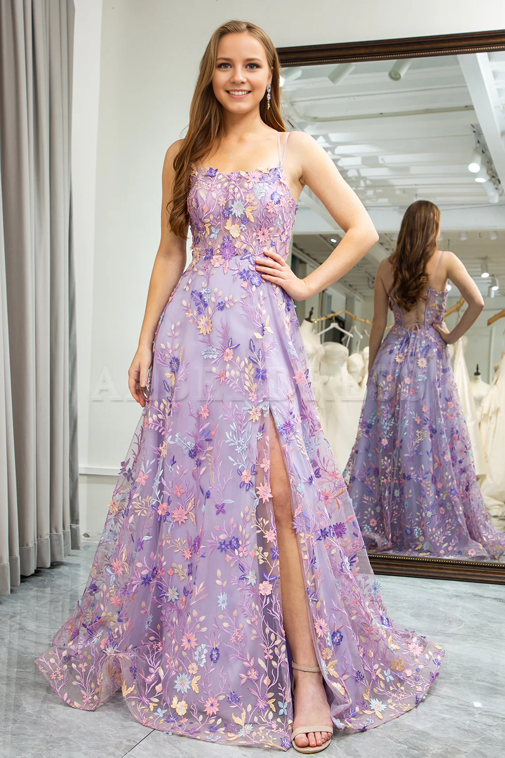 Prom Dress A Line Spaghetti Straps Front Slit Tulle Lace Applique Long Gorgeous Romantic Formal Wear Dresses