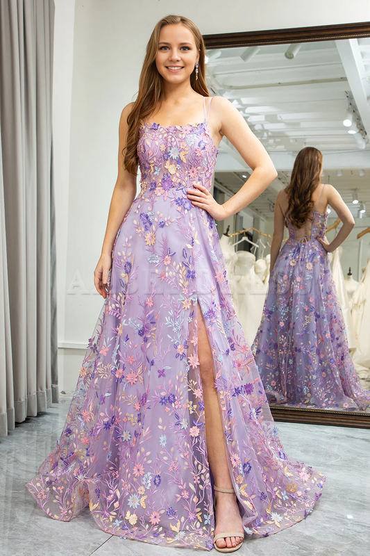 Prom Dress A Line Spaghetti Straps Front Slit Tulle Lace Applique Long Gorgeous Romantic Formal Wear Dresses