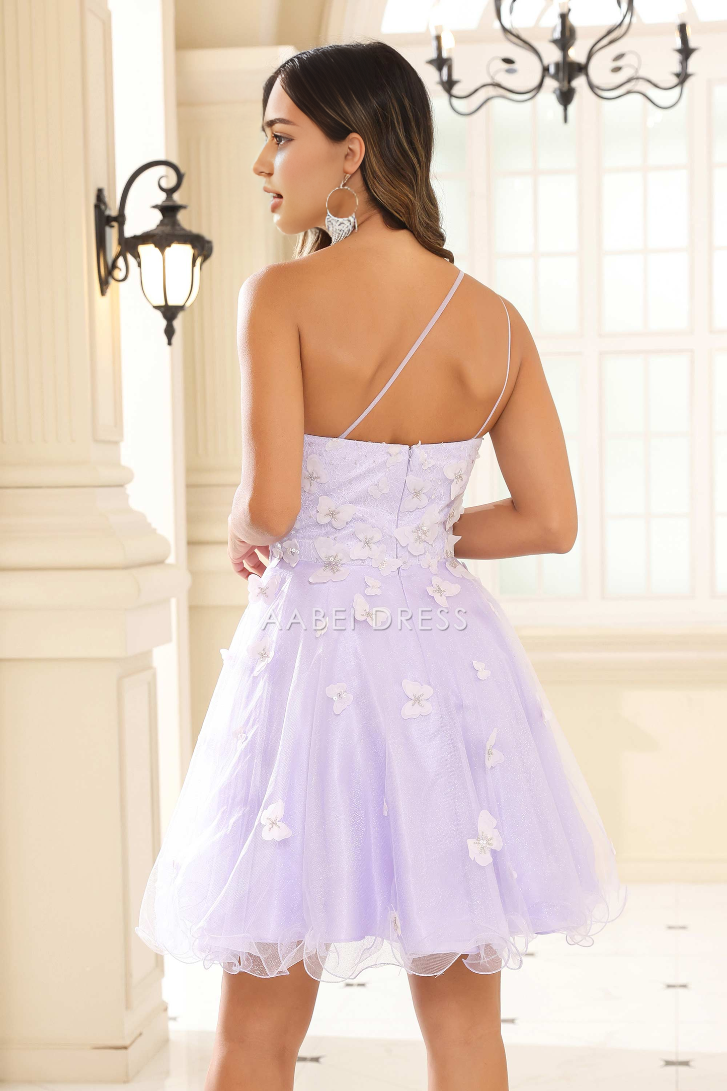 AABEI DRESS Short Dress Unique A-Line One-Shoulder Spaghetti Straps 3D Butterfly Decal Ruffles Fashion New Homecoming Dress