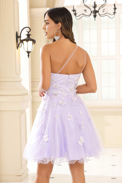 AABEI DRESS Short Dress Unique A-Line One-Shoulder Spaghetti Straps 3D Butterfly Decal Ruffles Fashion New Homecoming Dress