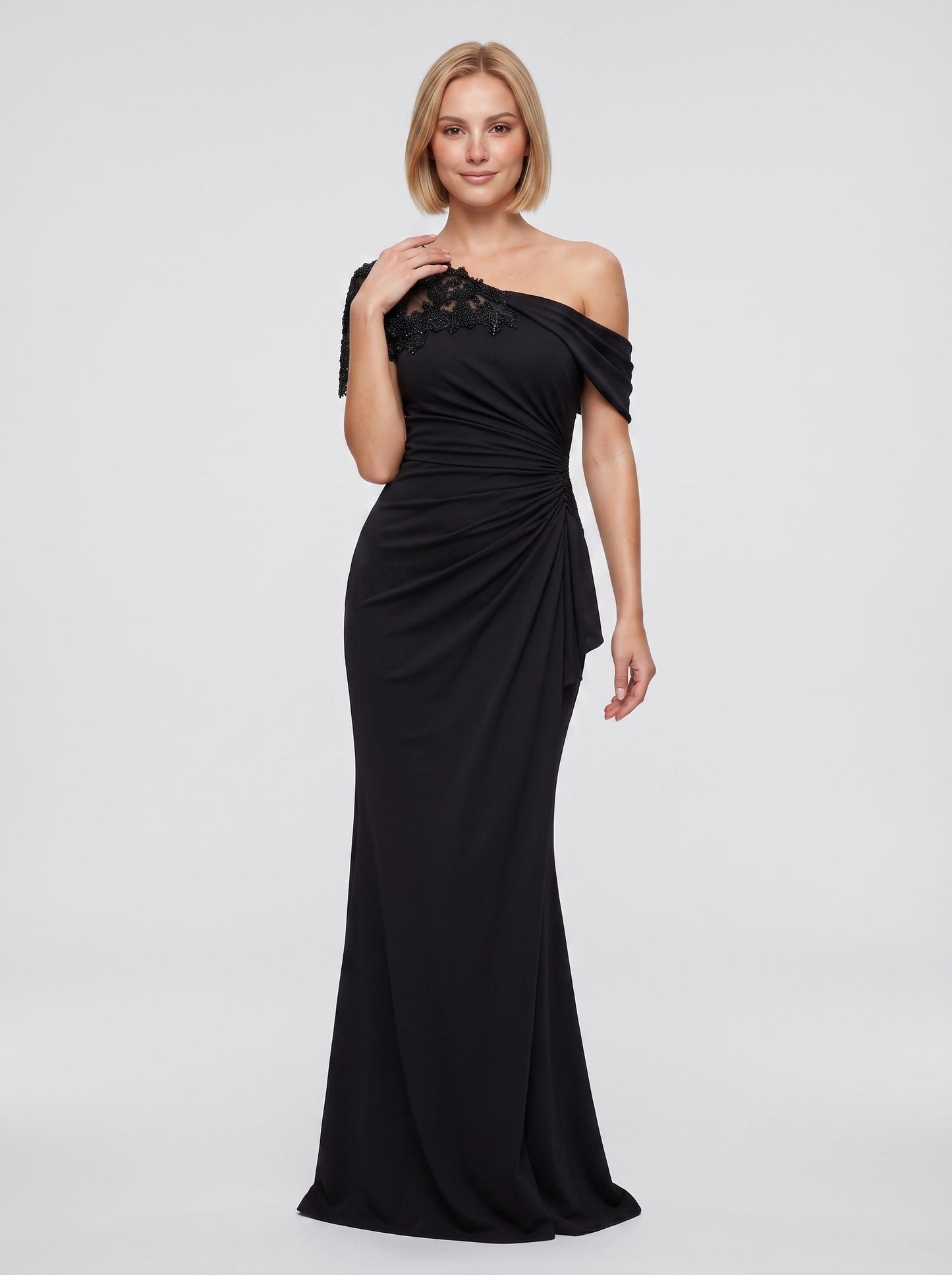 Black Stretch Knit Sheath/column One Shoulder Back Zip Floor-Length Dress
