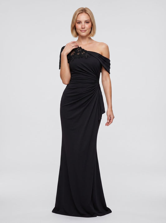 Black Stretch Knit Sheath/column One Shoulder Back Zip Floor-Length Dress