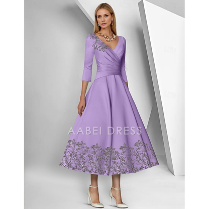 AABEI DRESS Wedding Guest Dress A-Line V Neck 3/4 Length Sleeve Ankle Length Tea Length Lace Ruched Sequin Elegant Simple Mother of the Bride Dress