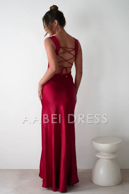 AABEI DRESS Prom Dress Soft satin cowl neckline Open back lace-up straps high slit Sexy Elegant Dress