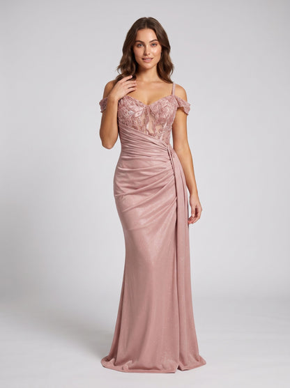 Dusty Rose Glitter Fabric with Beaded Lace Sheath Sweetheart Floor-Length Dress