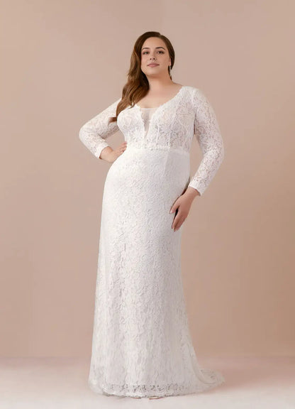 Exquisite Lace Mermaid Deep Plunge V-Neck Long Sleeves Retro Elegant Plus Size Hot Sale Wedding Dress