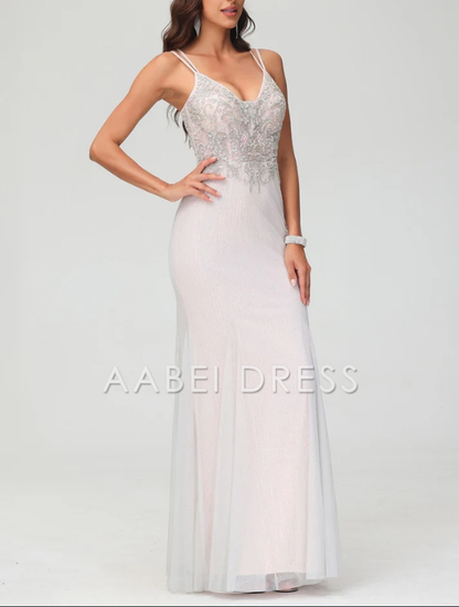 AABEI DRESS Charming V-Neck Spaghetti Straps Bodycon Glitter Backless Tulle Floor-Length Fashion Evening Dress
