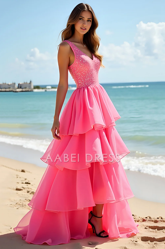 AABEI DRESS Hot Sale Prom Dress Exquisite A Line V Neck Backless Tiered Ruched Fashion Long Formal Dress