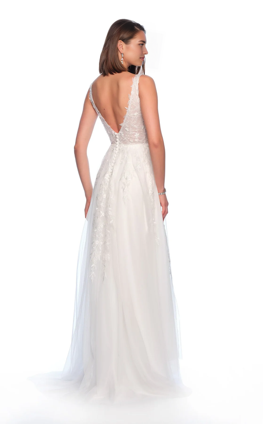 AABEI DRESS Charming A Line Deep V Neck Sleeveless Lace Applique Backless Romantic Wedding Dress
