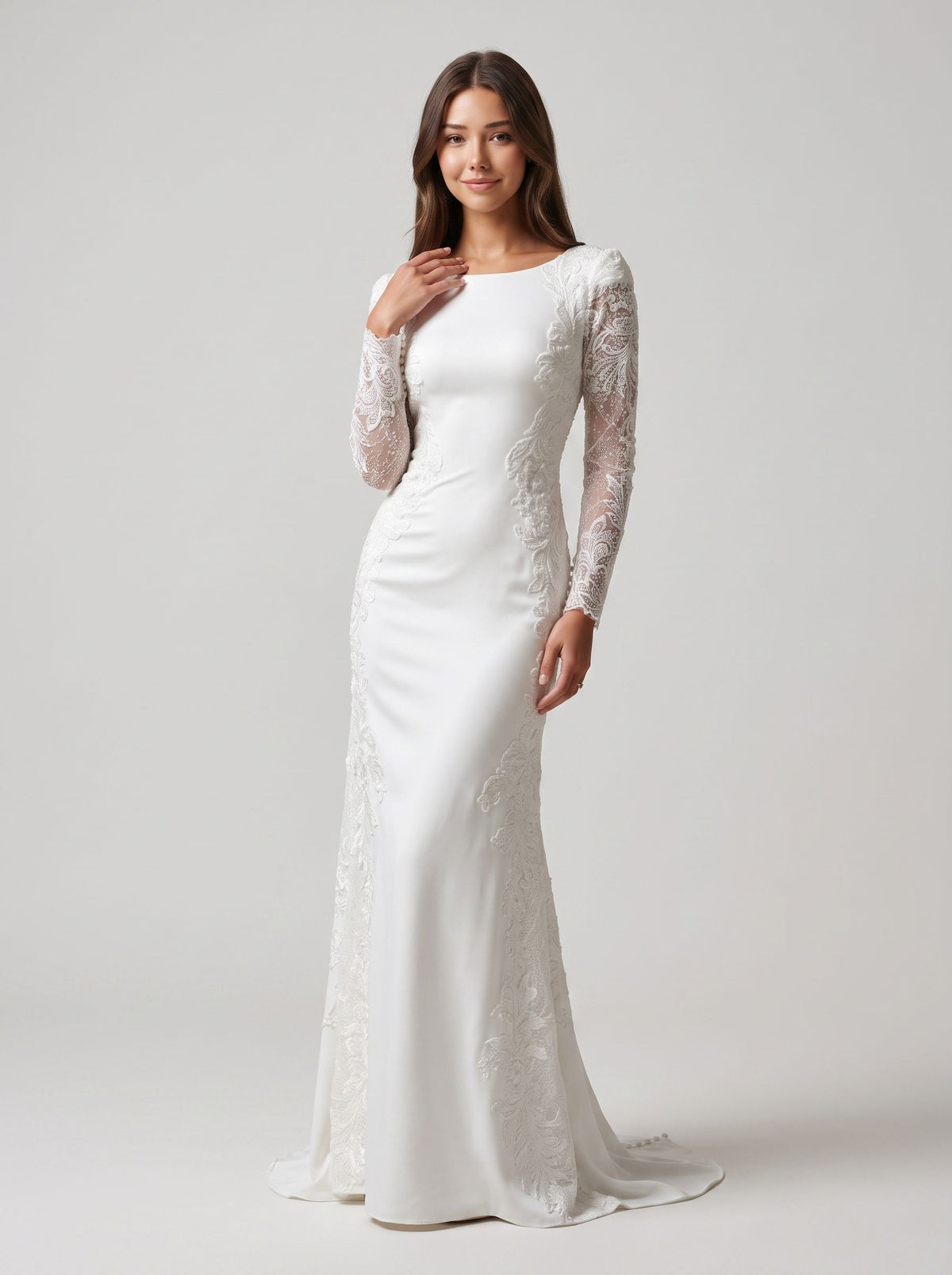 Ivory Crepe Sheath/column Boat Neck Back Zip Floor-Length Dress